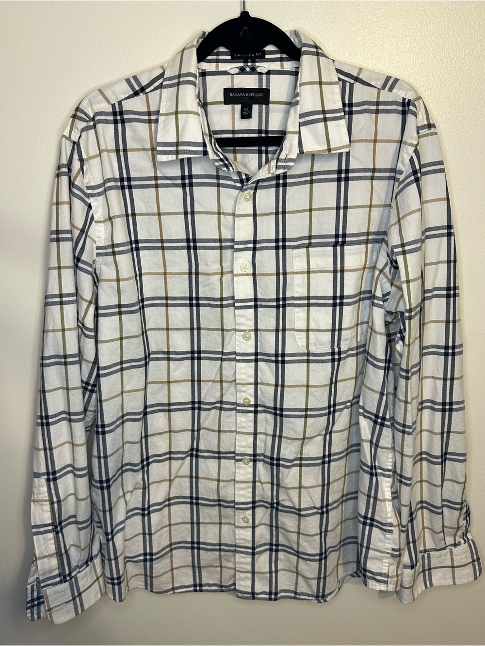 Banana Republic White Plaid Button-Down with Navy and Tan Stripes